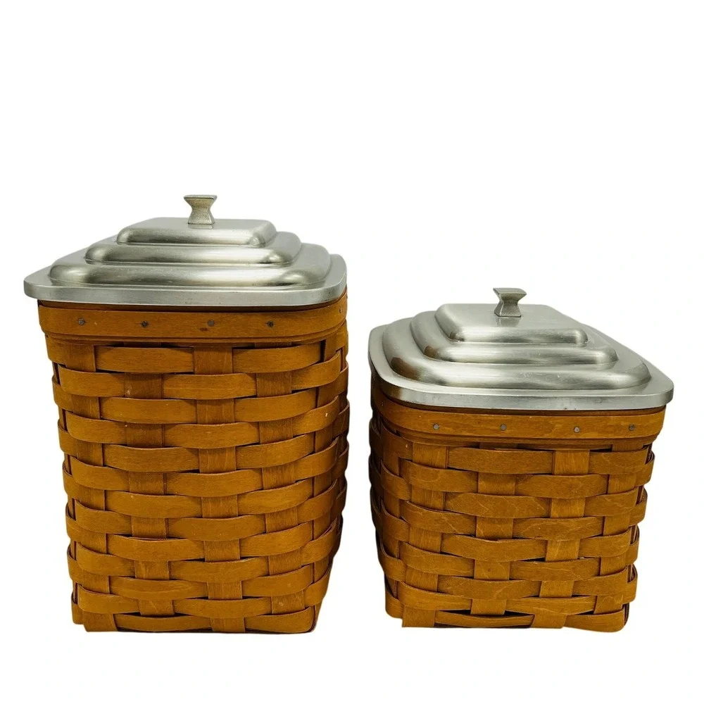 Pair VTG Longaberger Canister Pewter Lid Liner USA Primitive Country Cottage Set